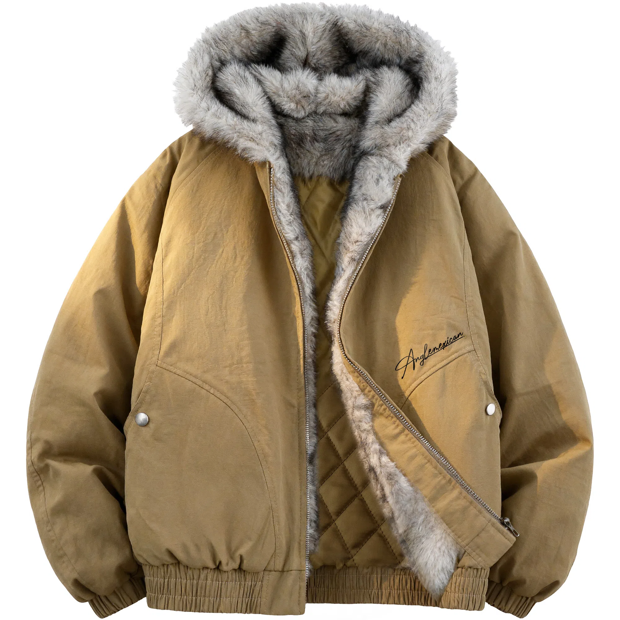 稻草人 美式高街品牌艺术英文字母印花座山雕毛领仿狐狸毛休闲宽松纯色加厚短款夹克高级感连帽保暖舒适百搭长袖飞行外套棉服 男女同款