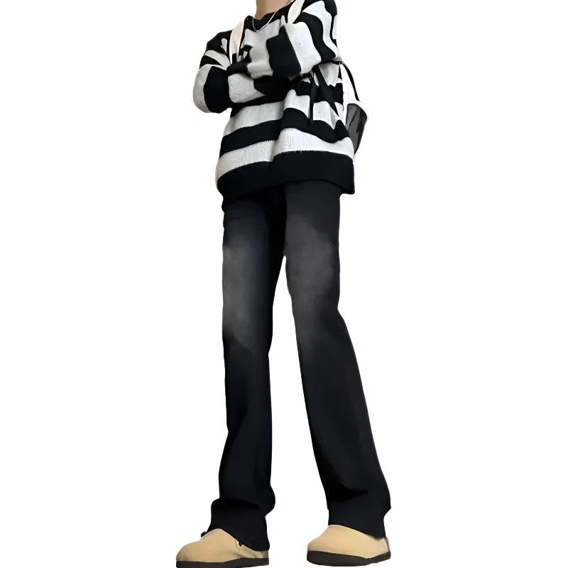 八哥 美式复古高街【弯刀黑牛】简约基础款水洗做旧中腰系带修身纯色直筒阔腿百搭弹力黄泥染薄款微喇牛仔裤 男女同款