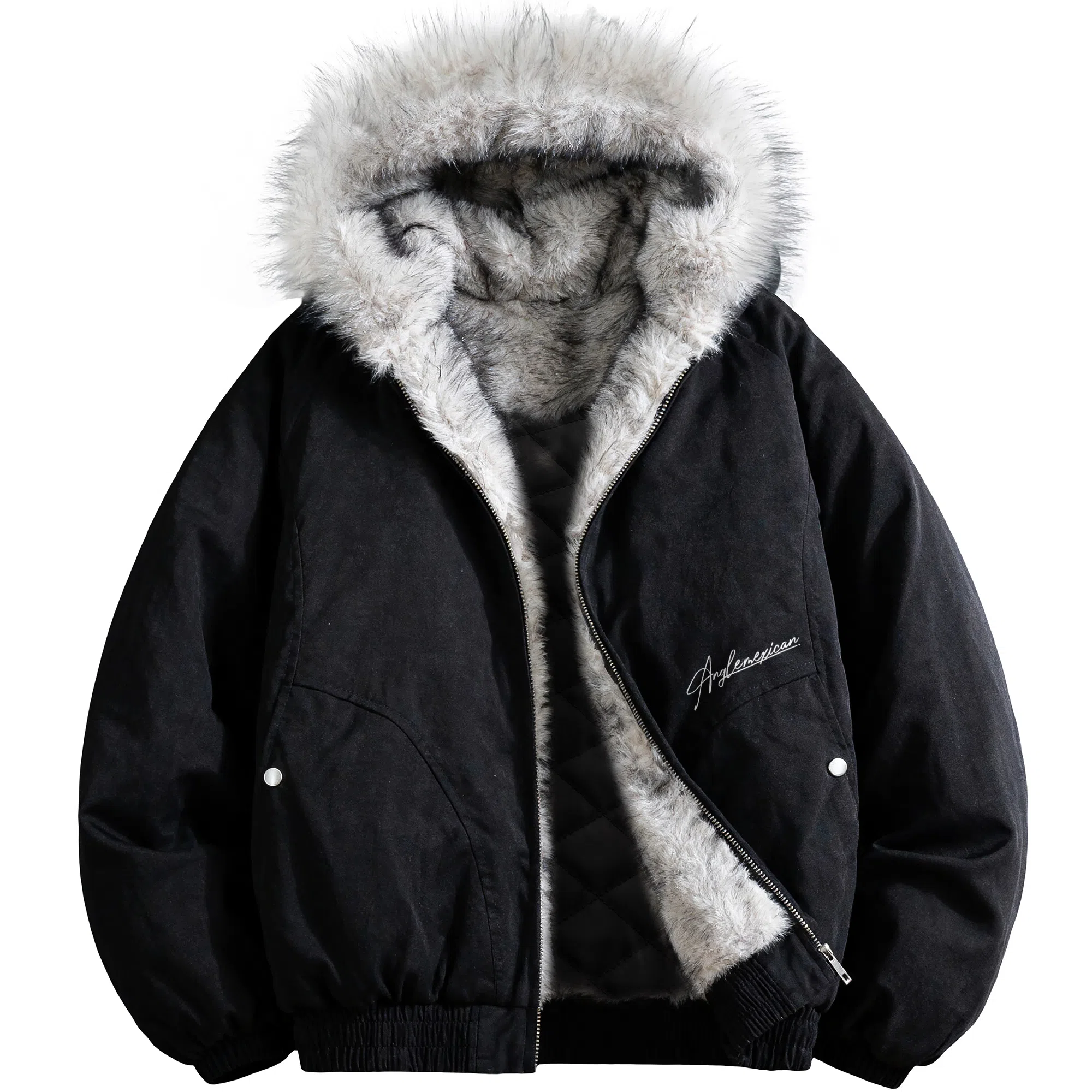 稻草人 美式高街品牌艺术英文字母印花座山雕毛领仿狐狸毛休闲宽松纯色加厚短款夹克高级感连帽保暖舒适百搭长袖飞行外套棉服 男女同款