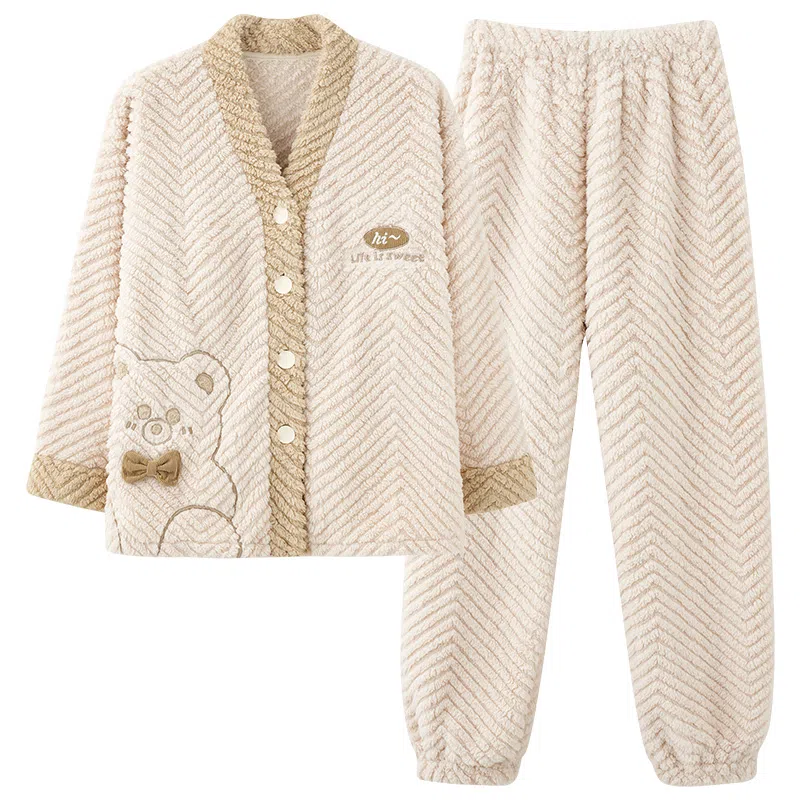 莫代尔 秋冬季珊瑚绒加绒加厚法兰绒秋冬款女士纹理感家居服冬天舒适睡衣套装 女款