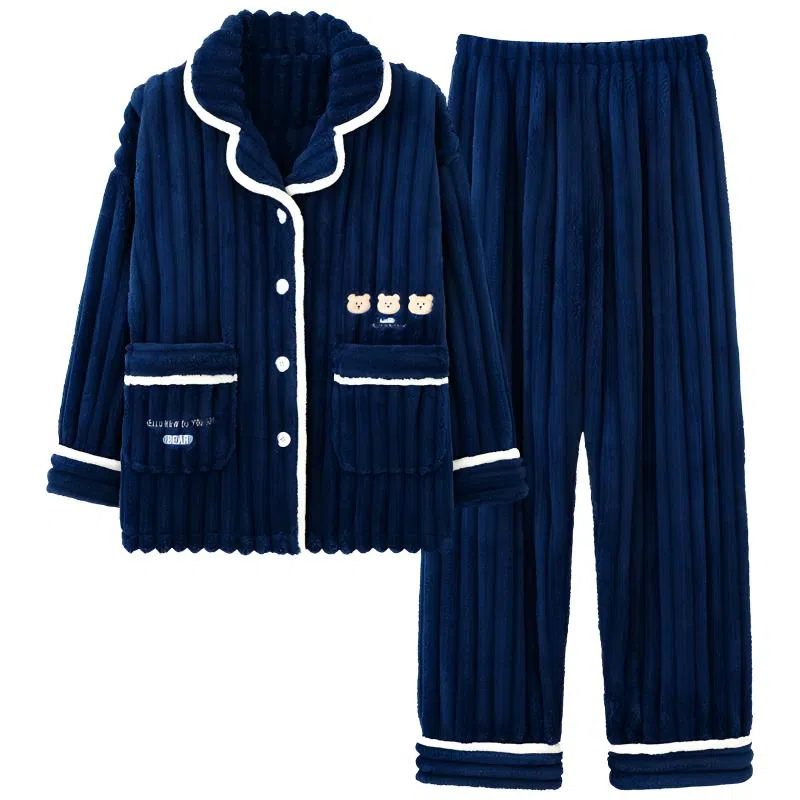 莫代尔 珊瑚绒加绒加厚秋冬季法兰绒家居服可外穿大码女士保暖睡衣套装 女款