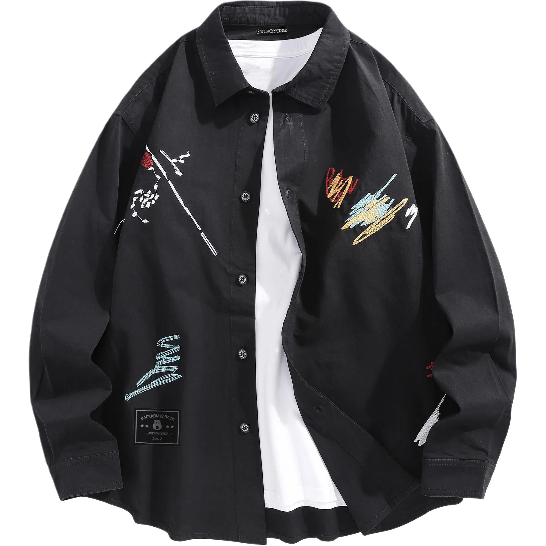 大卫贝肯 美式高街潮流涂鸦图案设计日常通勤百搭舒适长袖翻领衬衫 男女同款