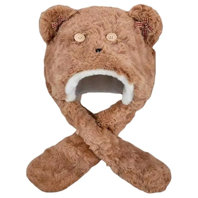 艾佳微 纽扣蝴蝶结暖暖小熊可爱保暖套头帽甜美百搭一体 腈纶 绒线帽 男女同款情侣款