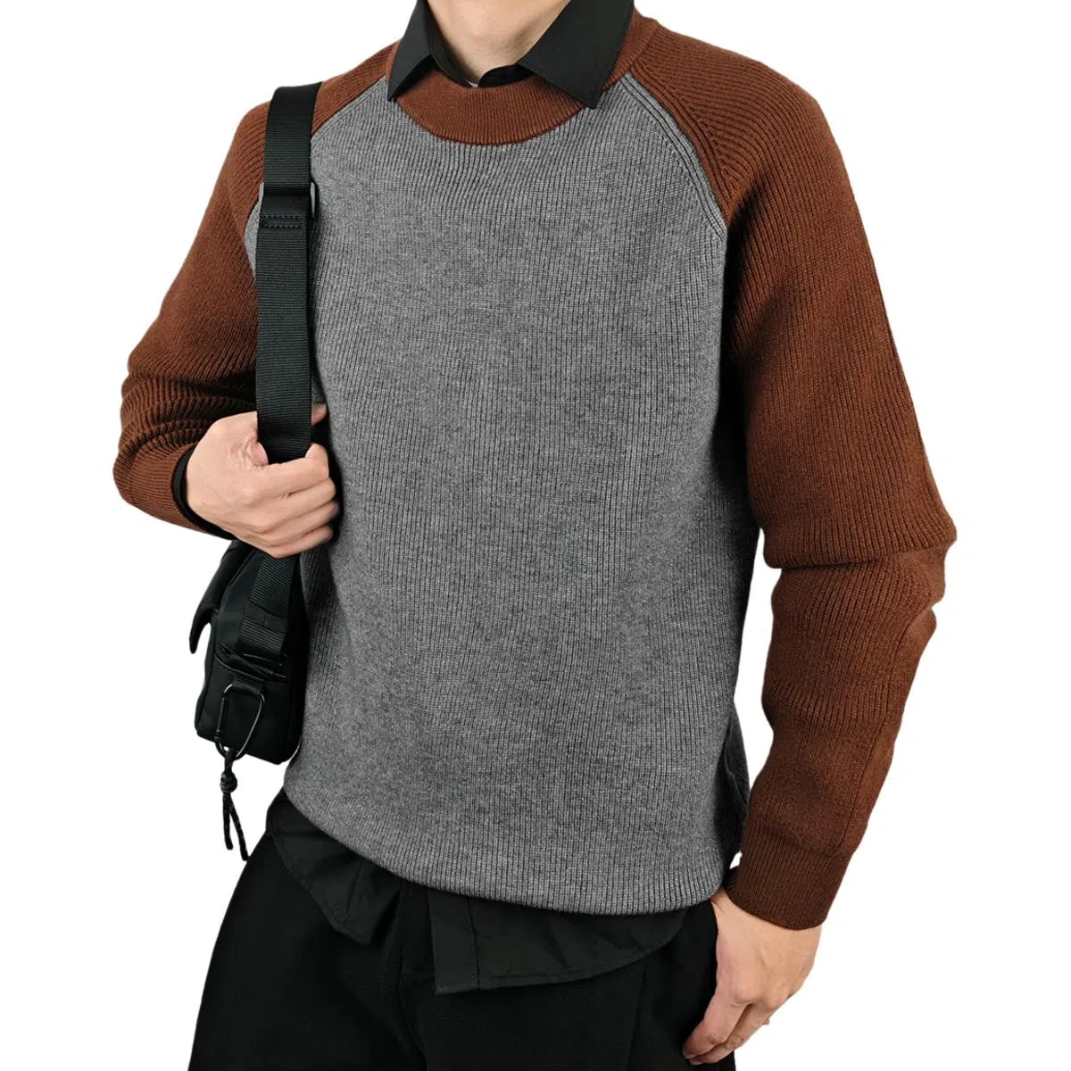 红豆 绵羊毛撞色保暖加厚高克重时尚圆领套头针织打底秋冬毛衣 男款