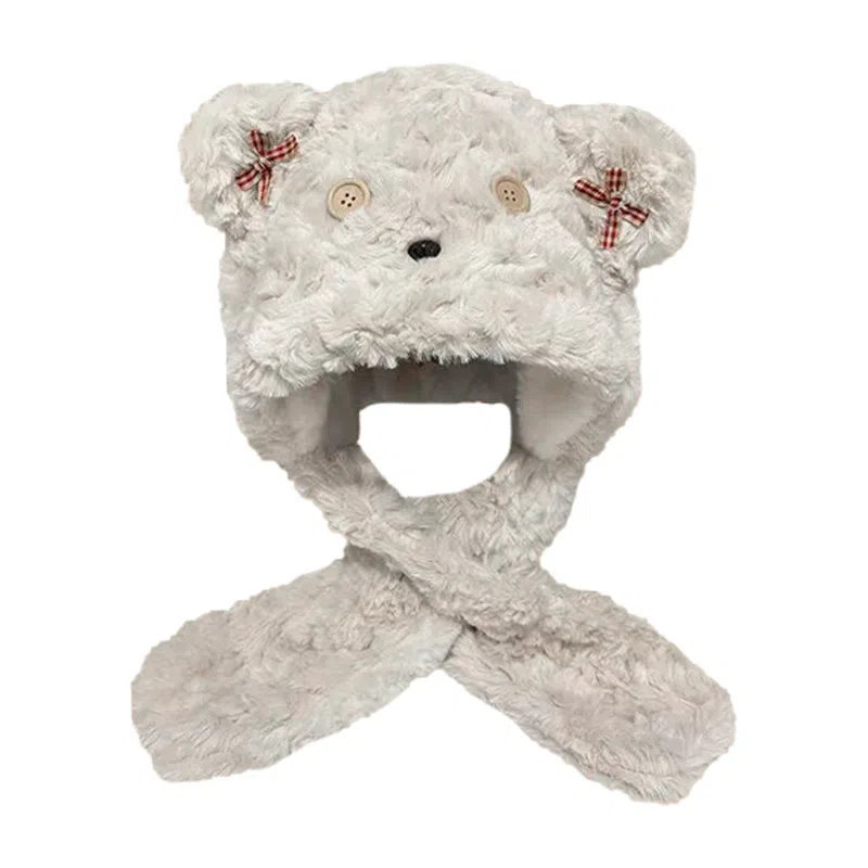 艾佳微 纽扣蝴蝶结暖暖小熊可爱保暖套头帽甜美百搭一体 腈纶 绒线帽 男女同款情侣款