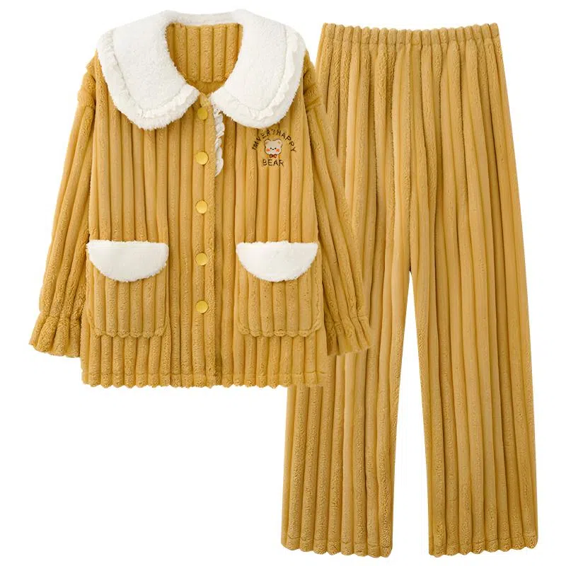 莫代尔 秋冬款珊瑚绒加绒加厚女士冬天宫廷风家居服冬季舒适睡衣套装 女款