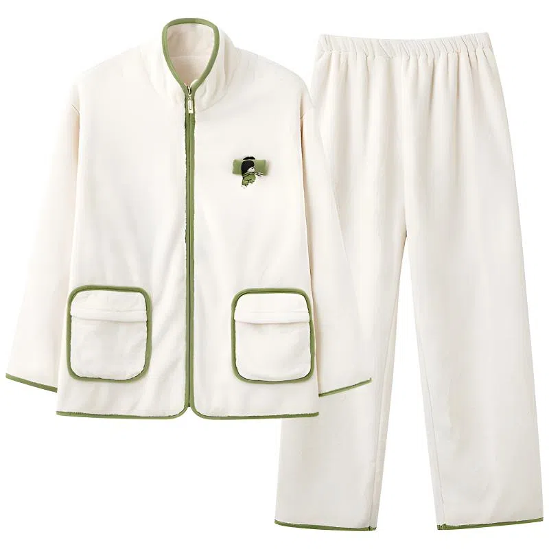 莫代尔 珊瑚绒秋冬季加厚保暖法兰绒简约纯色家居服冬天舒适柔软睡衣套装 女款