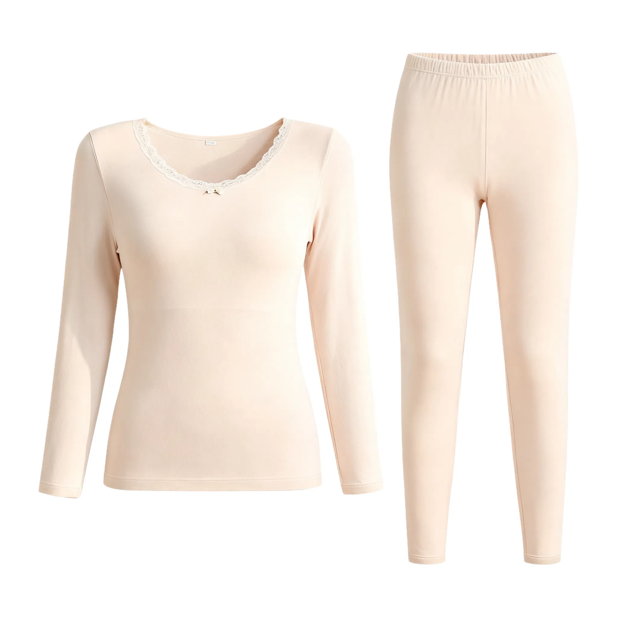 兰缪 百搭恒温蕾丝圆领内衣轻薄不臃肿高弹服帖柔软舒适全身抗静电秋衣秋裤时尚透气保暖套装 女款