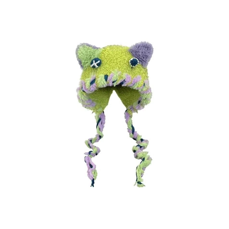 恩僾德 日系可爱卡通手工编织小怪兽秋冬季保暖小熊辫子护耳雷锋帽 腈纶 绒线帽 男女同款情侣款