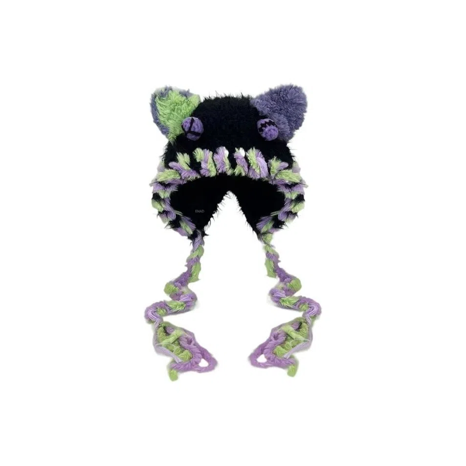 恩僾德 日系可爱卡通手工编织小怪兽秋冬季保暖小熊辫子护耳雷锋帽 腈纶 绒线帽 男女同款情侣款