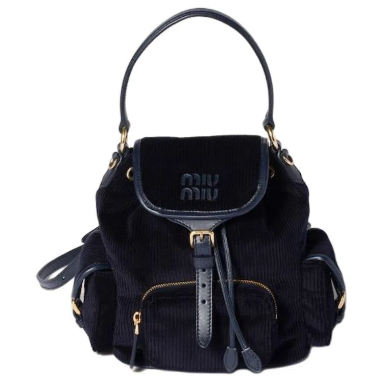 Miu Miu Leather Logo Corduroy Backpack Medium Blue