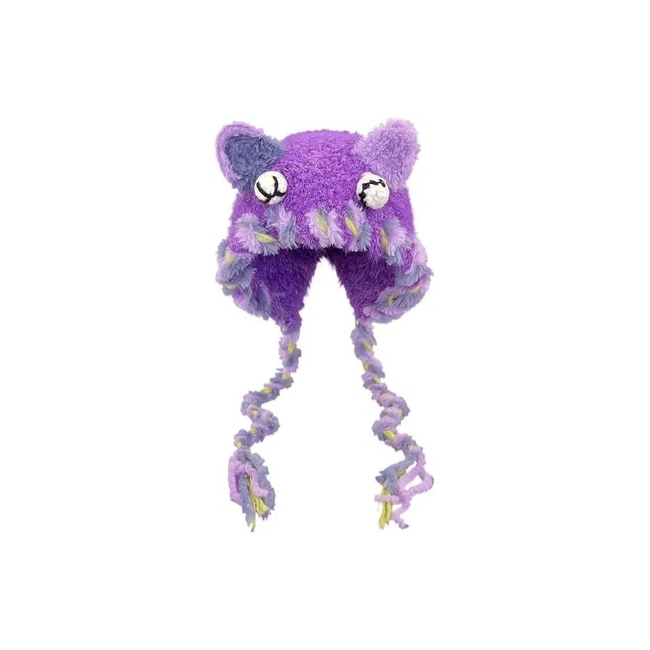 恩僾德 日系可爱卡通手工编织小怪兽秋冬季保暖小熊辫子护耳雷锋帽 腈纶 绒线帽 男女同款情侣款