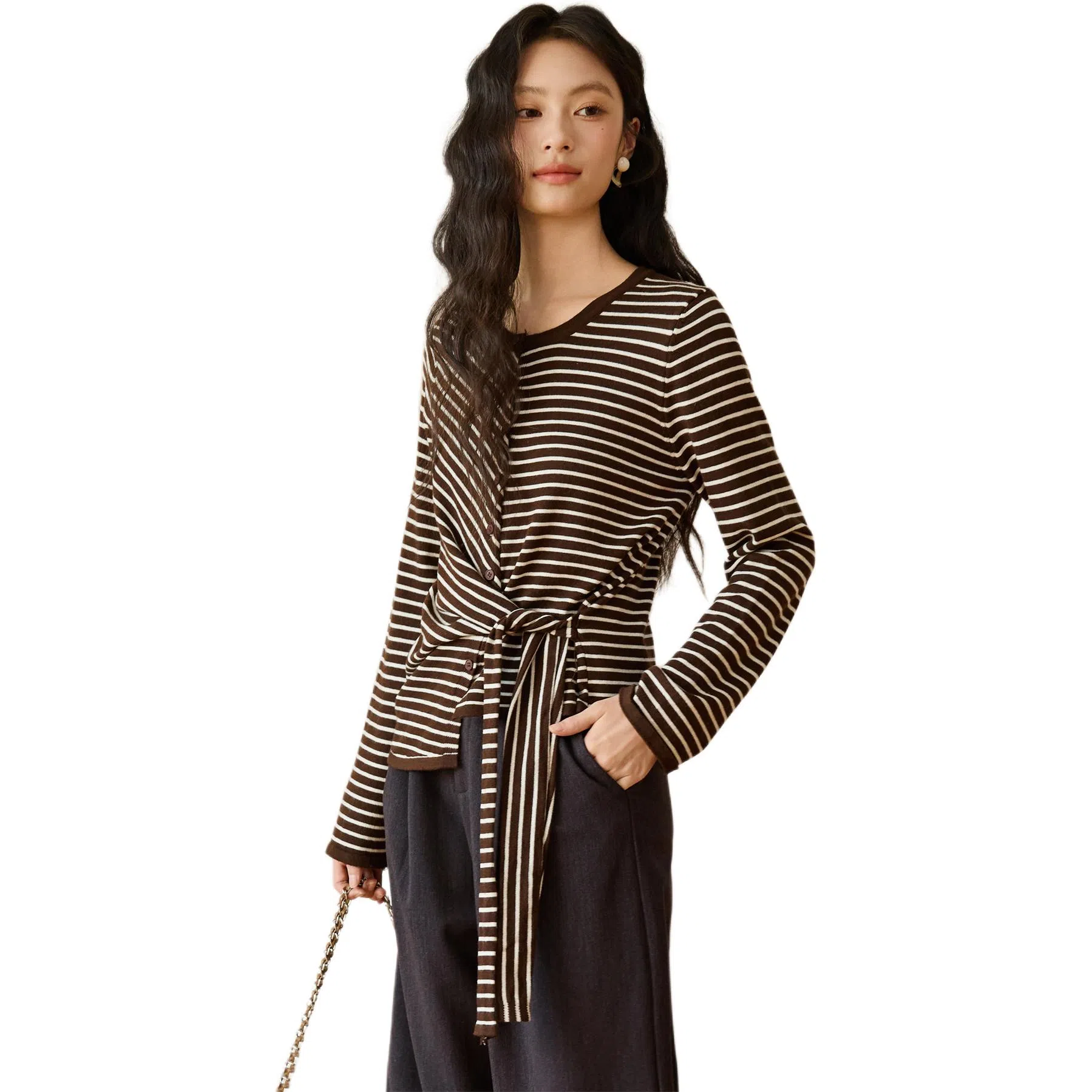 谜秀 条纹绑带设计感针织衫 女款