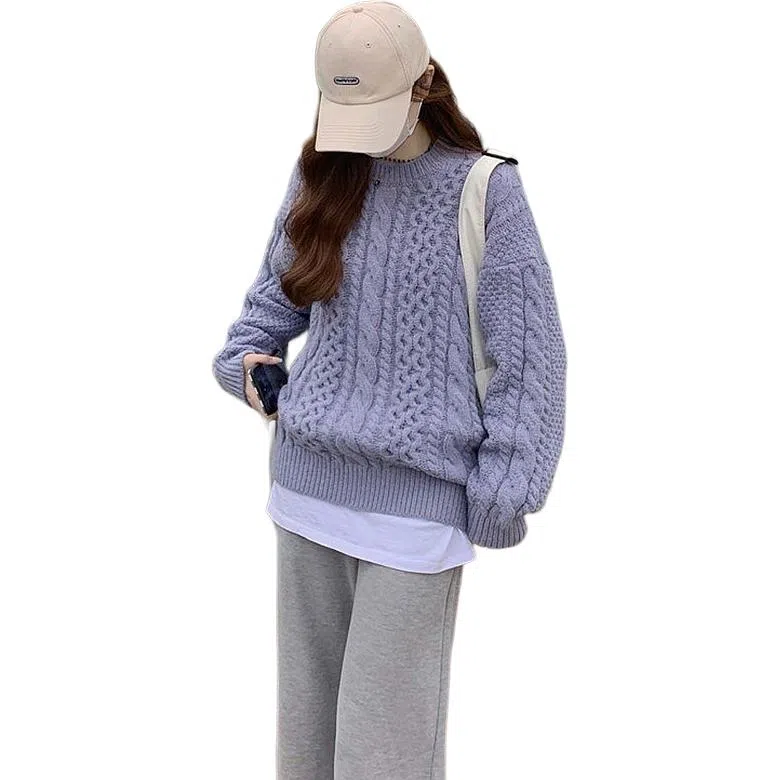 邦固依品 复古日系慵懒风女宽松外穿加厚保暖麻花打底衫女秋冬上衣针织衫 女款