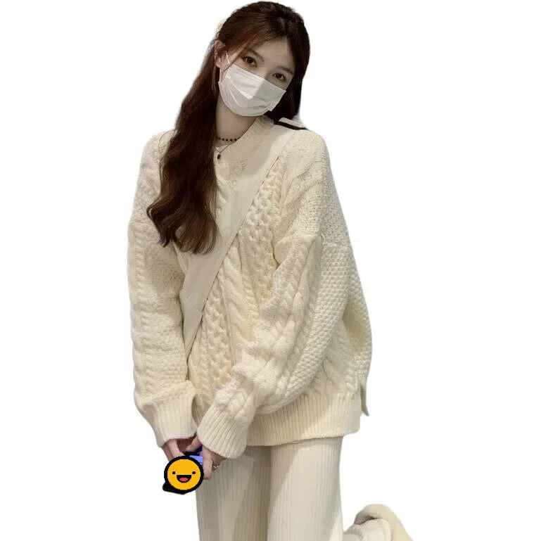 邦固依品 复古日系慵懒风女宽松外穿加厚保暖麻花打底衫女秋冬上衣针织衫 女款