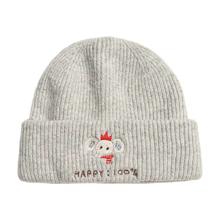 浪莎 可爱小象刺绣毛线针织帽大头围显脸小冷帽通勤保暖创意潮流时尚堆堆帽 聚酯纤维 绒线帽 男女同款情侣款