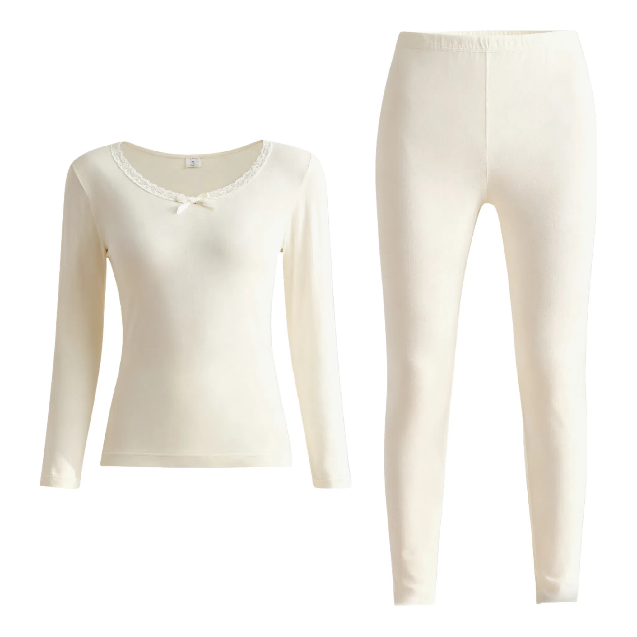 兰缪 百搭恒温蕾丝圆领内衣轻薄不臃肿高弹服帖柔软舒适全身抗静电秋衣秋裤时尚透气保暖套装 女款