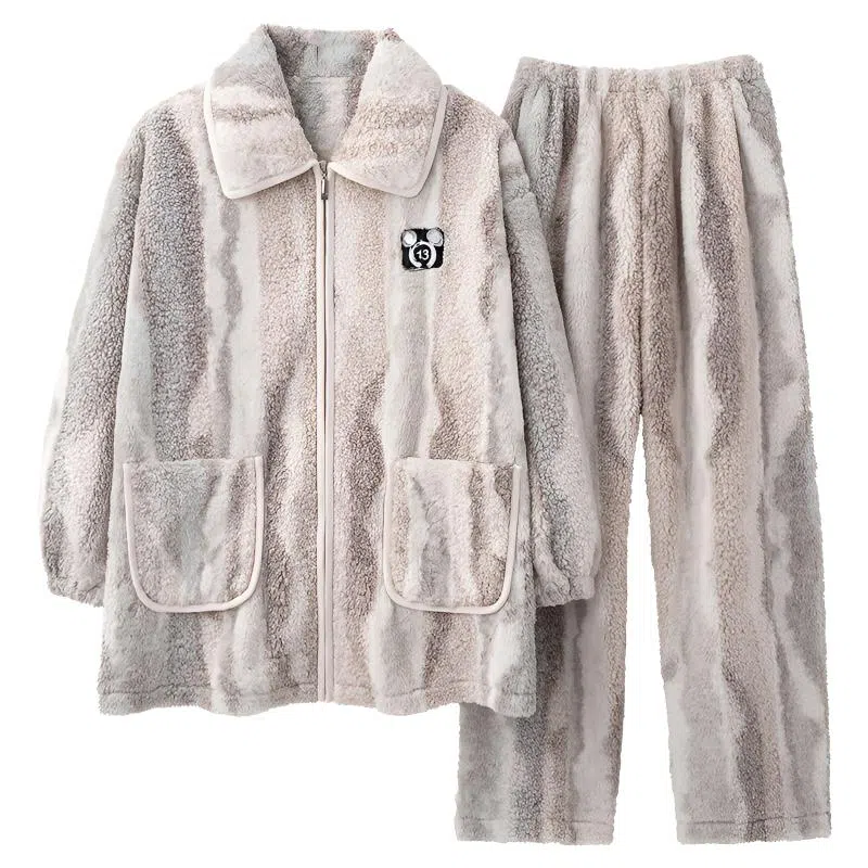 莫代尔 法兰绒冬季加绒加厚珊瑚绒蓄热保暖家居服可外穿舒适睡衣套装 女款