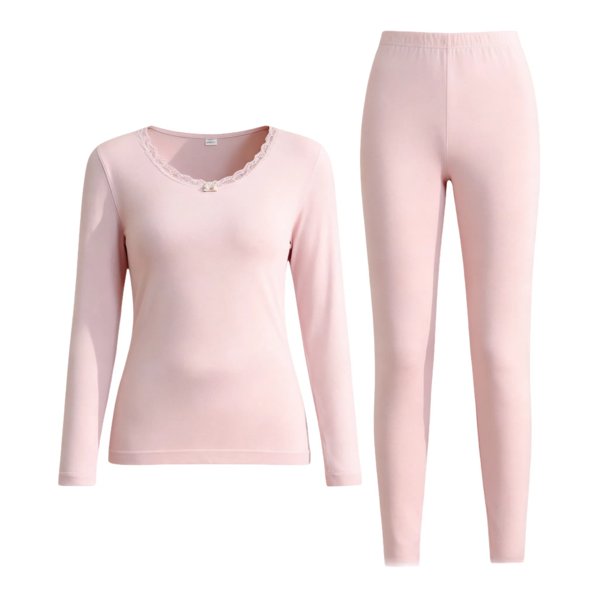 兰缪 百搭恒温蕾丝圆领内衣轻薄不臃肿柔软舒适全身抗静电秋衣秋裤时尚透气保暖套装 女款