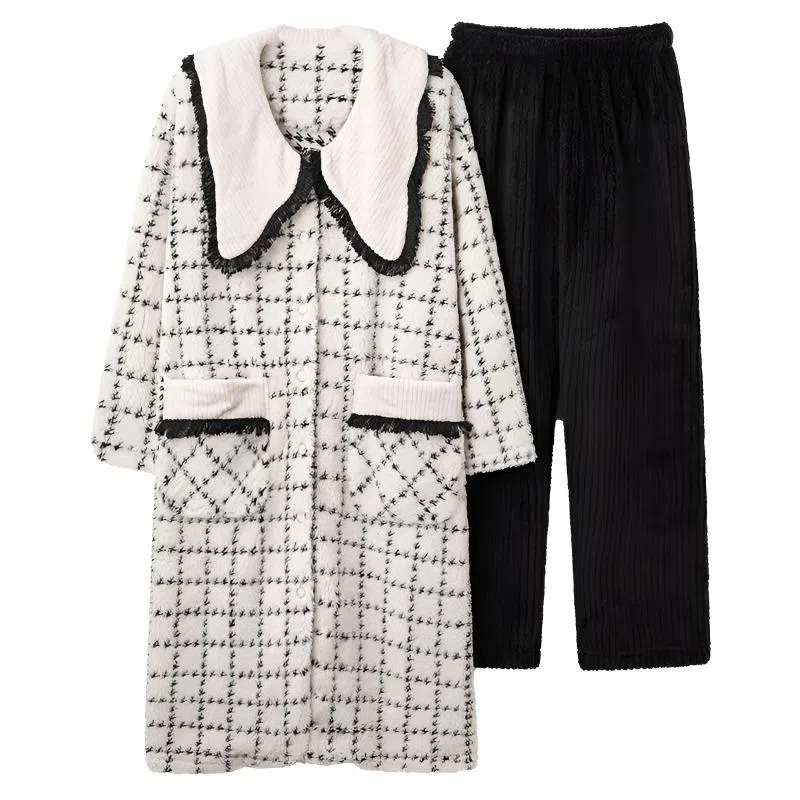 莫代尔 睡衣女珊瑚绒秋冬季保暖加厚法兰绒家居服女可外穿舒适睡袍/浴袍 女款