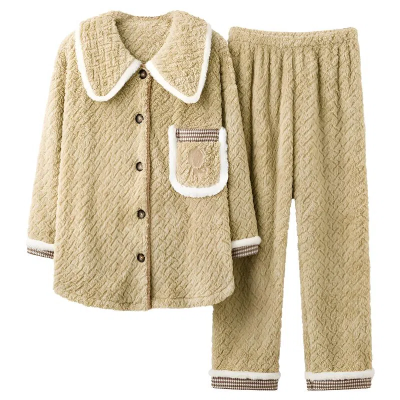 莫代尔 秋冬款冬季珊瑚绒家居服法兰绒加厚冬天加绒保暖可外穿女士睡衣套装 女款