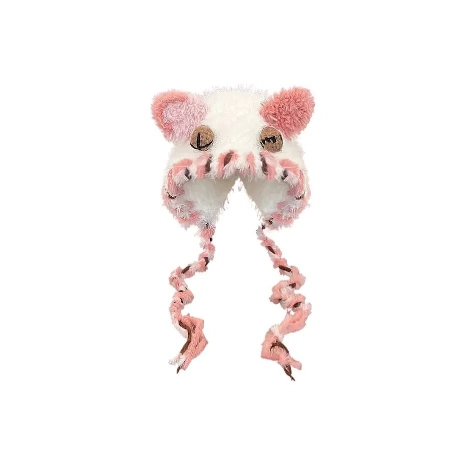 恩僾德 日系可爱卡通手工编织小怪兽秋冬季保暖小熊辫子护耳雷锋帽 腈纶 绒线帽 男女同款情侣款