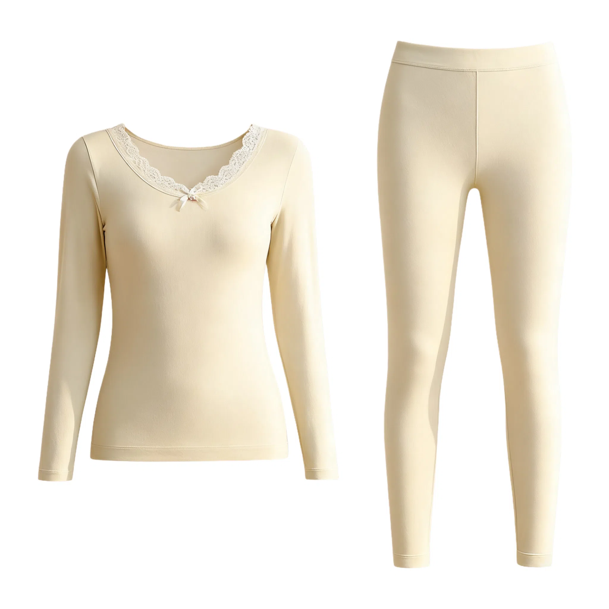 兰缪 百搭恒温蕾丝圆领内衣轻薄不臃肿高弹服帖柔软舒适全身抗静电秋衣秋裤时尚透气保暖套装 女款