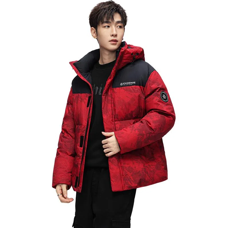 鸭鸭 青年时尚韩版潮流短款连帽户外运动休闲百搭防寒保暖迷彩面包羽绒服 男女同款