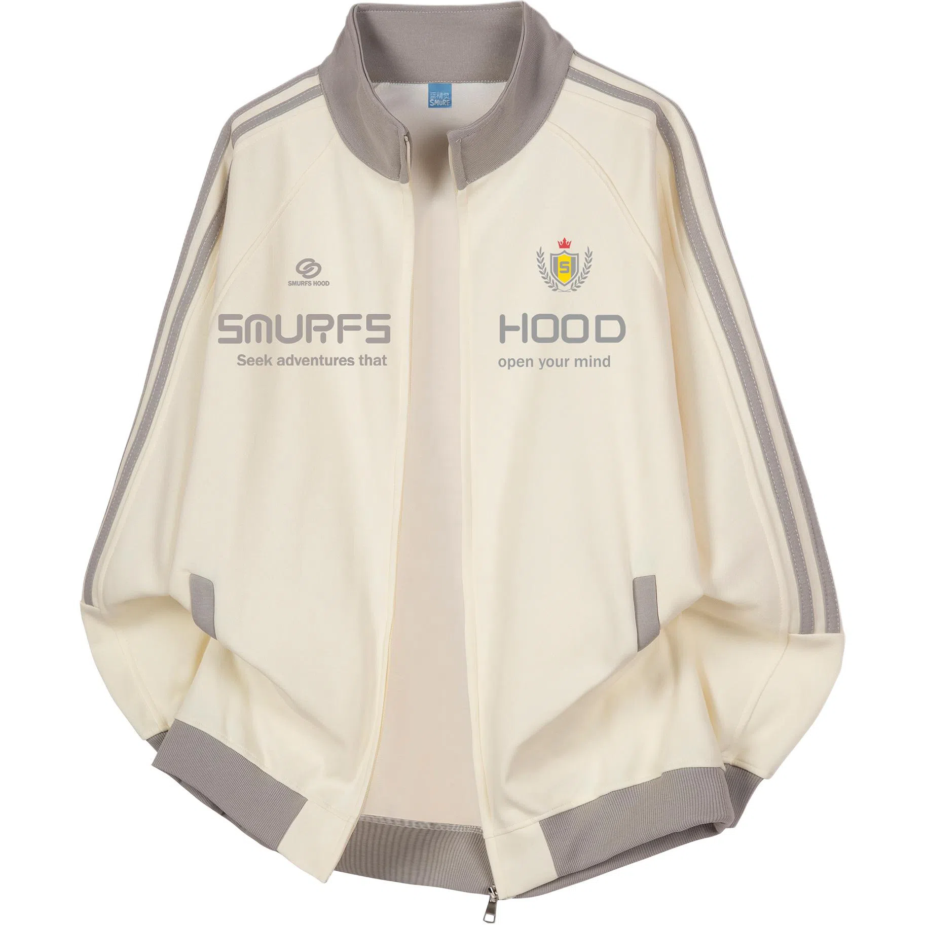 【Contrast学院风】蓝精灵 美式潮流教练服勋章字母印花撞色三条杠秋冬季立领拉链休闲拼接嘻哈设计感插肩袖开衫防风外套卫衣 男女同款