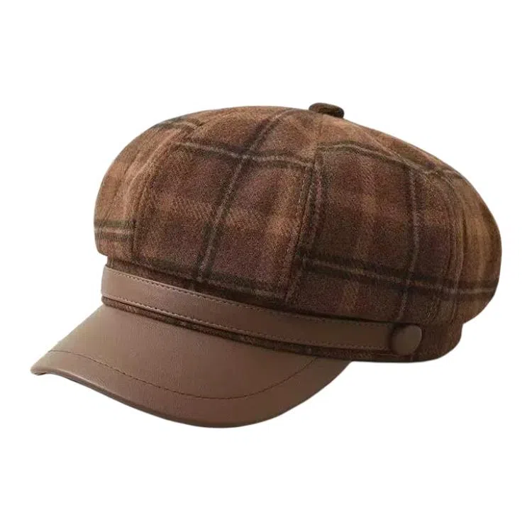 艾佳微 小香风高级感格子纹英伦风八角帽气质百搭 呢料 贝雷帽 男女同款情侣款