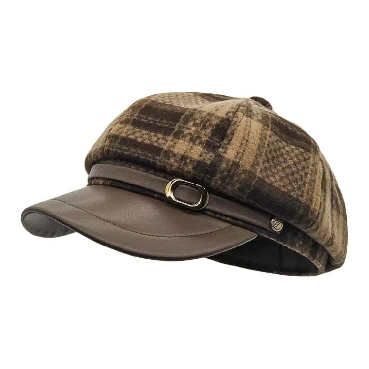 艾佳微 小香风高级感格子纹英伦风八角帽气质百搭 呢料 贝雷帽 男女同款情侣款