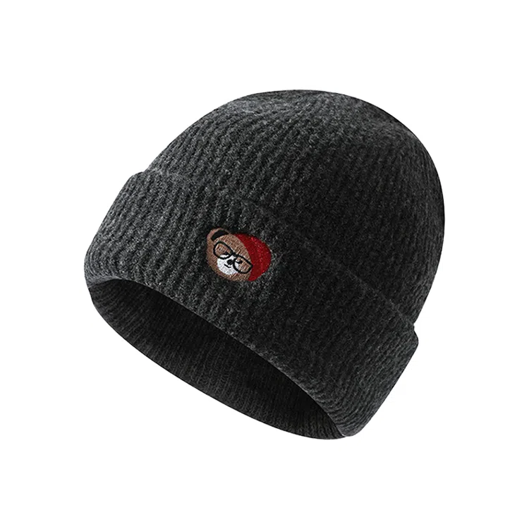 浪莎 日系卡通小熊刺绣简约轻奢感时尚出街百搭大头围堆堆显脸小 聚酯纤维 绒线帽 男女同款情侣款