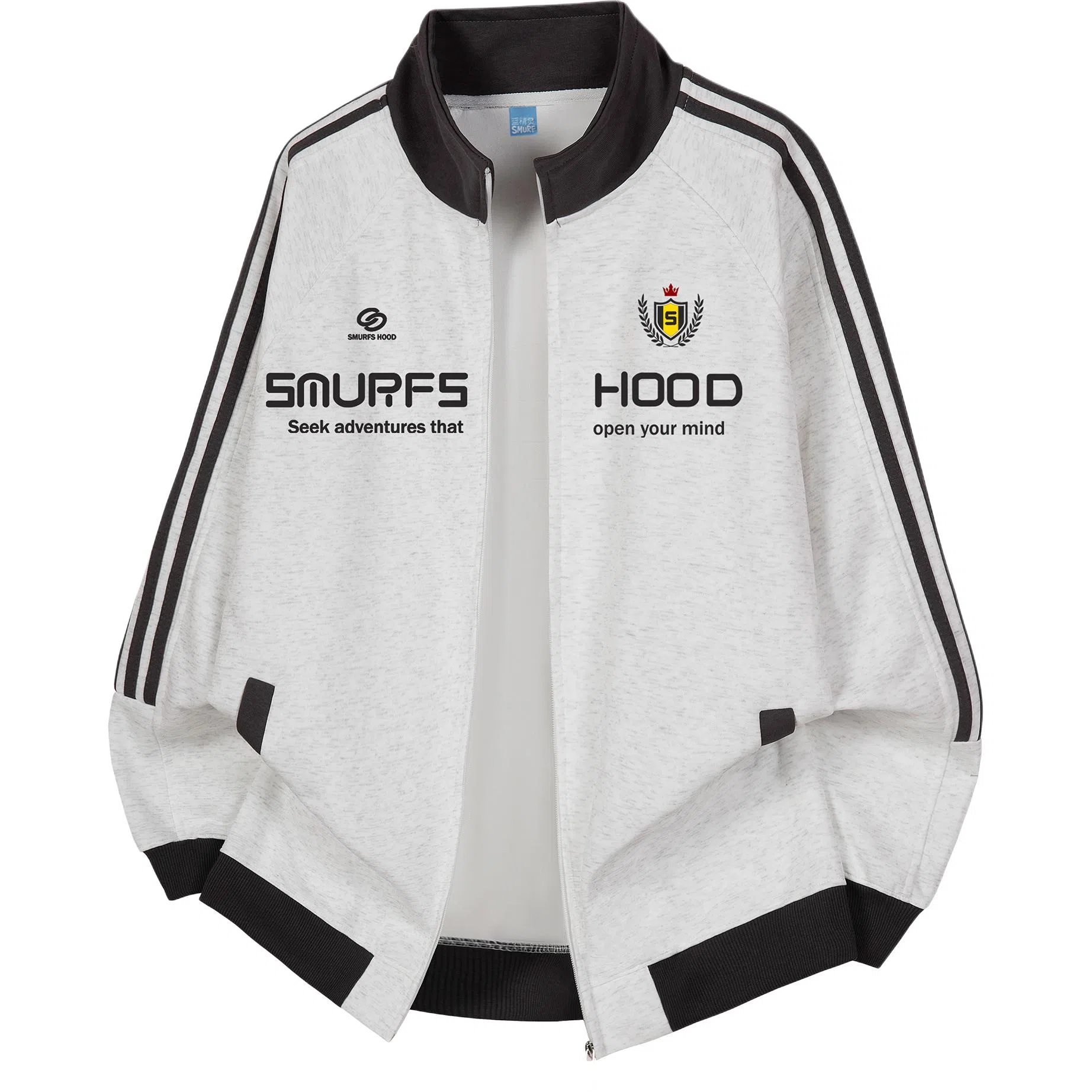 【Contrast学院风】蓝精灵 美式潮流教练服勋章字母印花撞色三条杠秋冬季立领拉链休闲拼接嘻哈设计感插肩袖开衫防风外套卫衣 男女同款