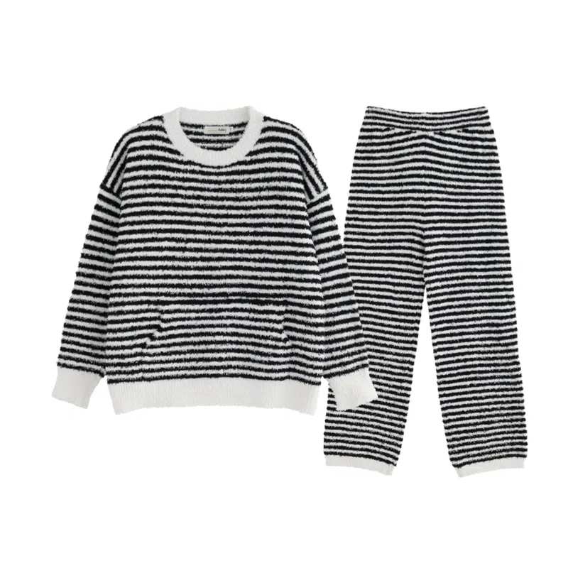 米囹 圆领条纹半边绒女秋冬季软糯糯毛绒针织大码家居服睡衣套装 女款