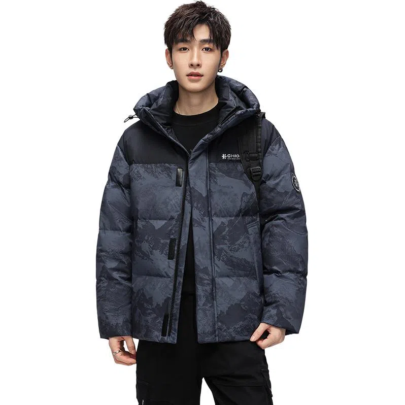 鸭鸭 青年时尚韩版潮流短款连帽户外运动休闲百搭防寒保暖迷彩面包羽绒服 男女同款