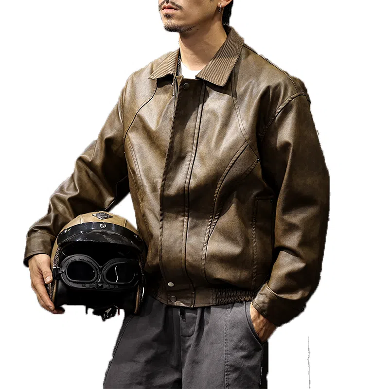路杰邦 美式经典复古软男宽松机车服潮牌硬汉皮夹克外套男春秋款皮衣 男款