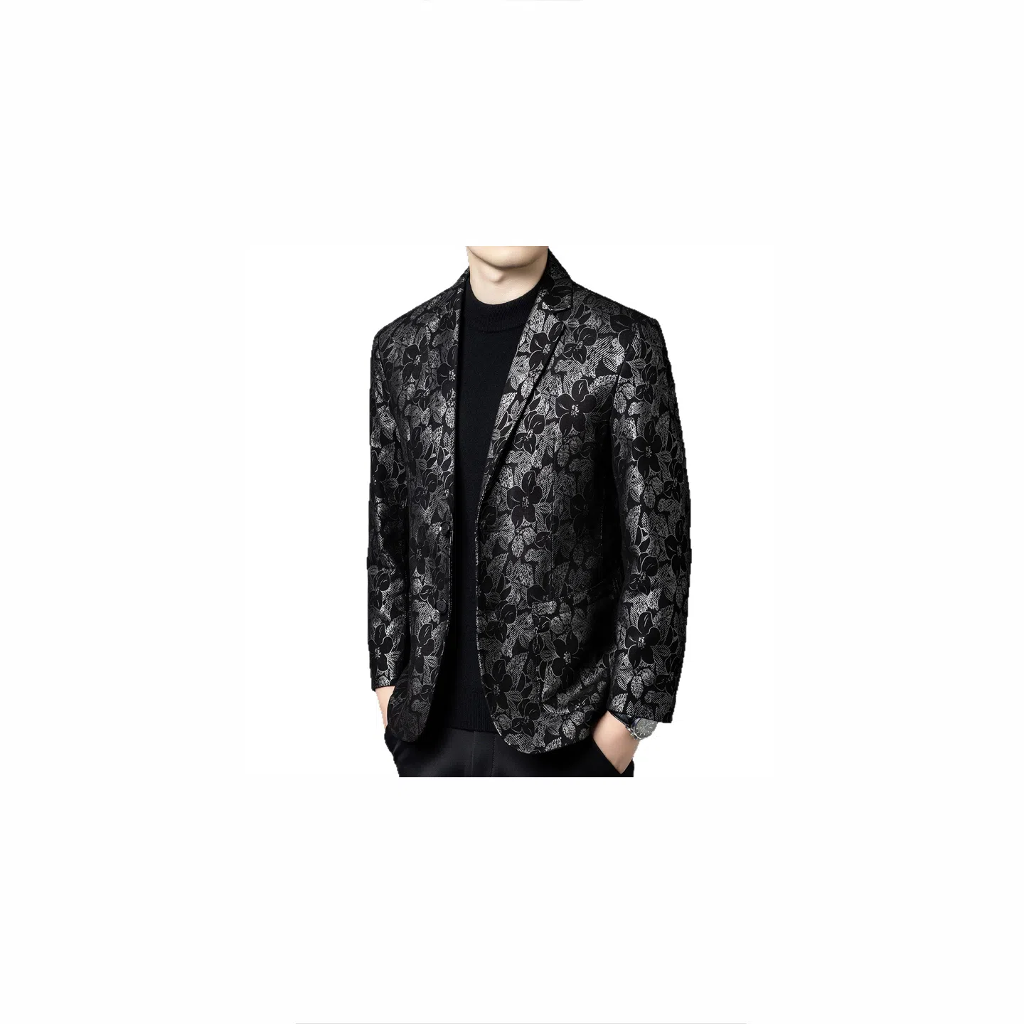 春秋男士真皮银叶花满印百搭通勤休闲西装 男款