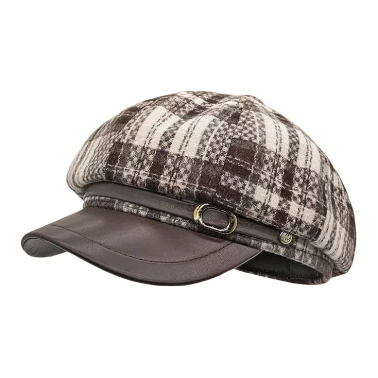 艾佳微 小香风高级感格子纹英伦风八角帽气质百搭 呢料 贝雷帽 男女同款情侣款