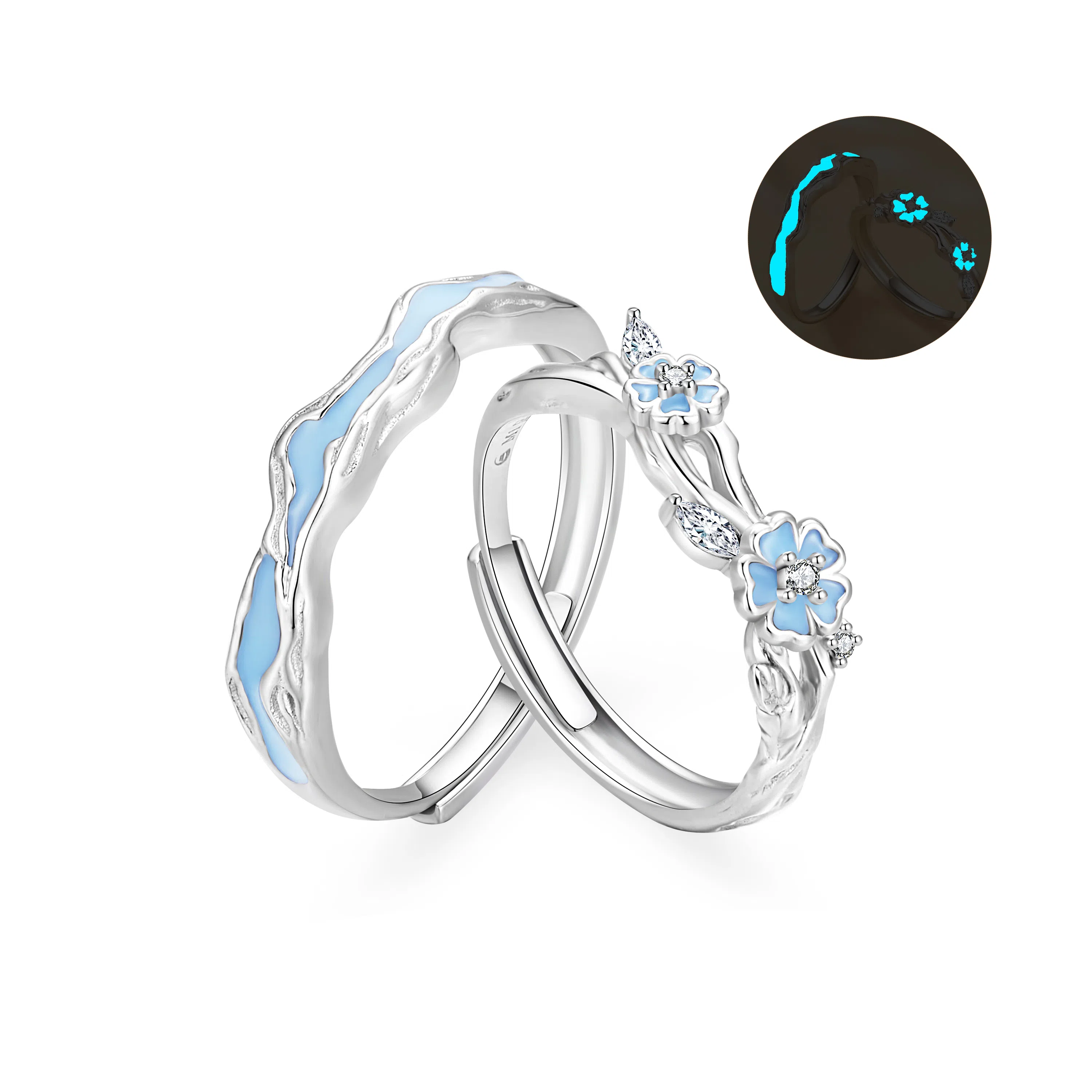 【夜光999足银丨原创】 珍·尚银 中国黄金 浪漫花开发光素圈对戒 甜蜜挚爱告白 可调节 钟爱久久 小众轻奢礼盒 纯银 戒指 男女同款情侣款