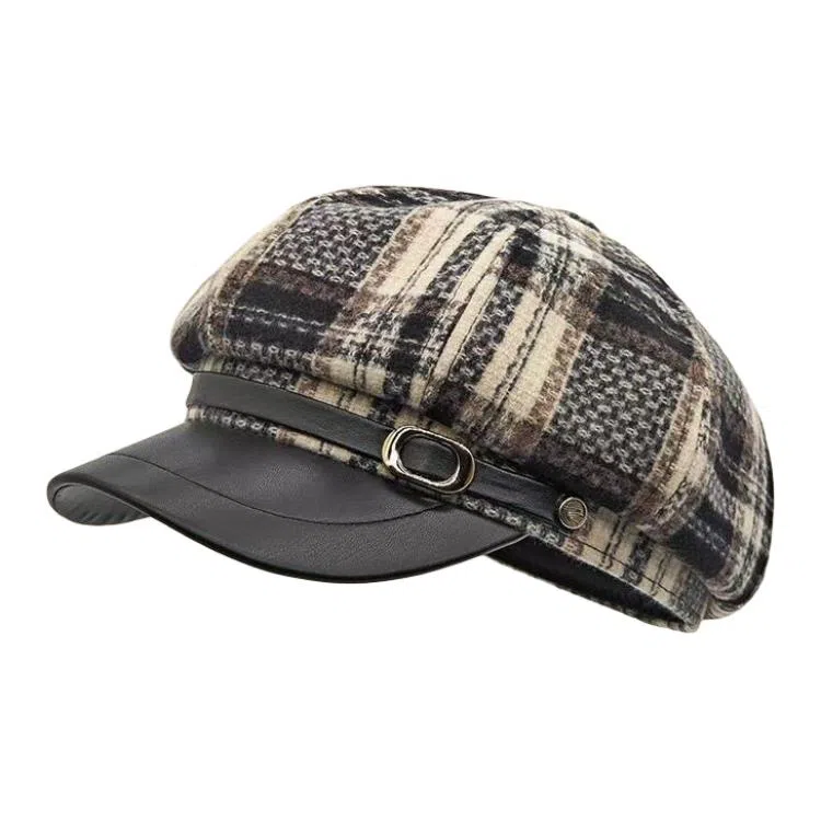 艾佳微 小香风高级感格子纹英伦风八角帽气质百搭 呢料 贝雷帽 男女同款情侣款