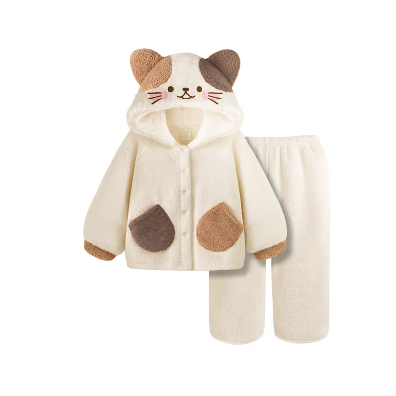米囹 可爱小猫咪连帽珊瑚绒女冬季加绒加厚保暖冬天家居服睡衣套装 女款