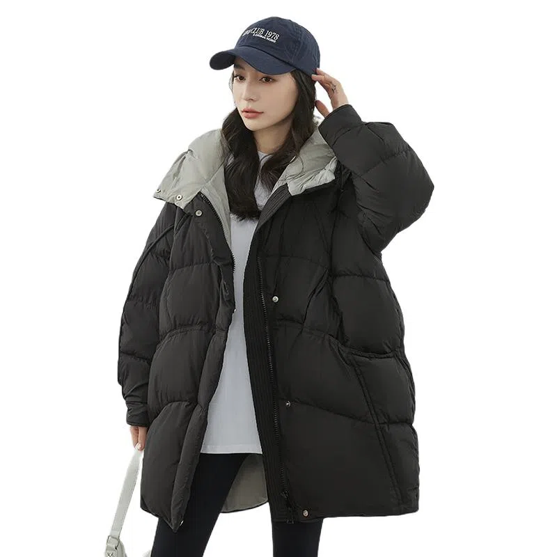 鸭鸭 纯色连帽中长款加厚保暖拉链羽绒服 女款
