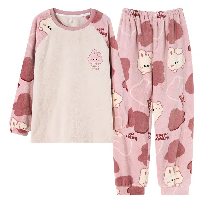 莫代尔 冬季加绒加厚珊瑚绒春秋法兰绒保暖可爱家居服女士柔软睡衣套装 女款