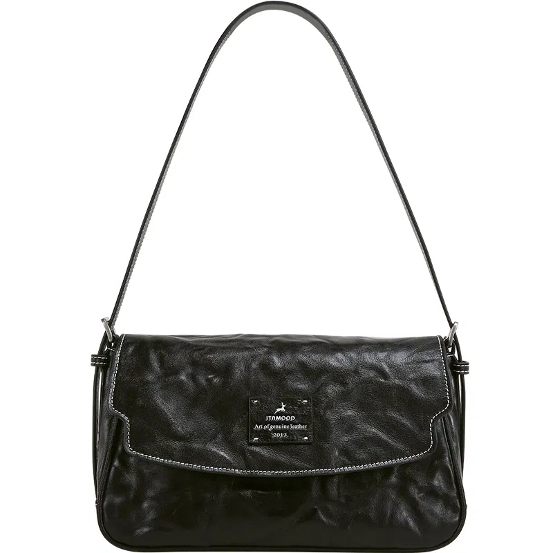 妙迪 职场通勤日常小方包腋下包 植鞣牛皮 单肩包 常规 女款 子夜黑