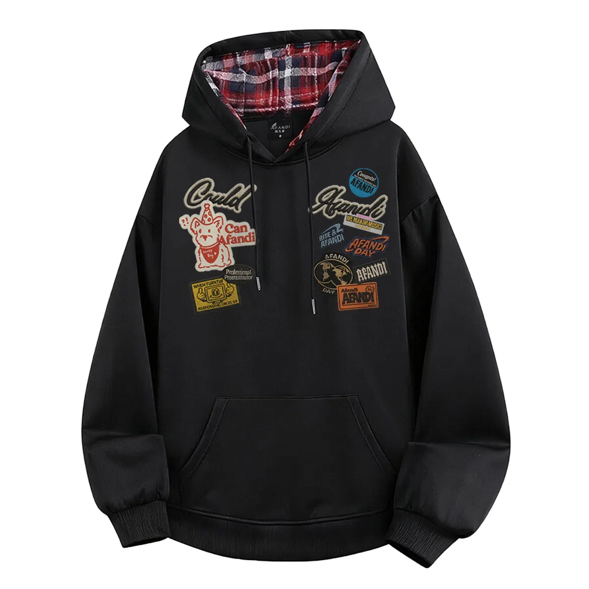 阿凡迪 美式高街趣味涂鸦仿贴布卡通印花设计字母品牌上衣潮流时尚经典百搭休闲宽松舒适个性学生情侣通勤户外落肩连帽格子卫衣 男女同款