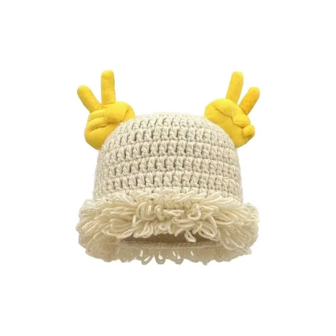 恩僾德 可爱搞怪比耶针织套头帽女秋冬秋冬季高颜值小众百搭出游保暖护耳显脸小时尚针织 聚酯纤维 绒线帽 男女同款情侣款