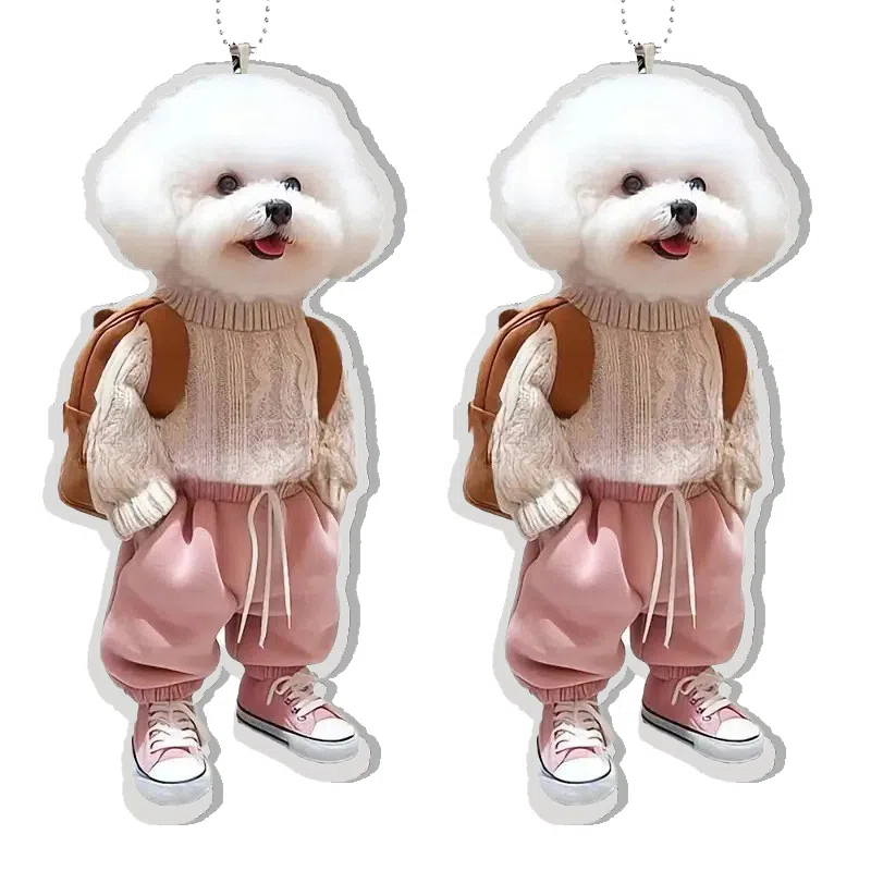 零界 创意粉色裤子小比熊狗 小书包可爱小狗装饰 亚克力 挂件 男女同款情侣款