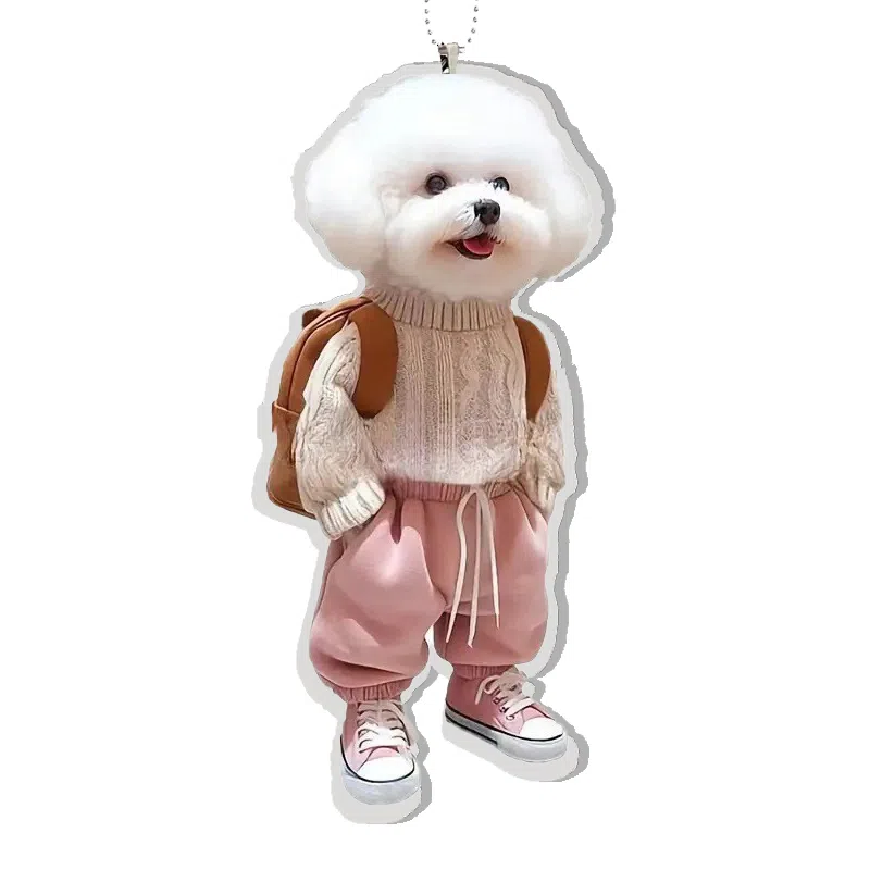 零界 创意粉色裤子小比熊狗 小书包可爱小狗装饰 亚克力 挂件 男女同款情侣款