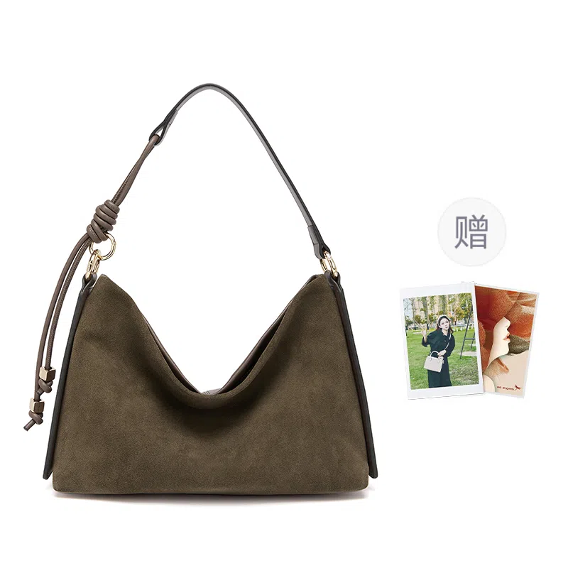 红蜻蜓 复古时尚腋下包两面用托特包高级感百搭 牛皮 单肩包 女款 棕色/橄榄绿色