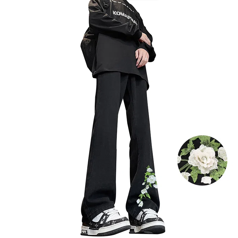 【万针刺绣立体花卉】布客行 重工美式复古水洗直筒基础款高街舒适亲肤透气休闲百搭微喇纯色长裤显高显瘦显腿长弹力牛仔裤 男女同款